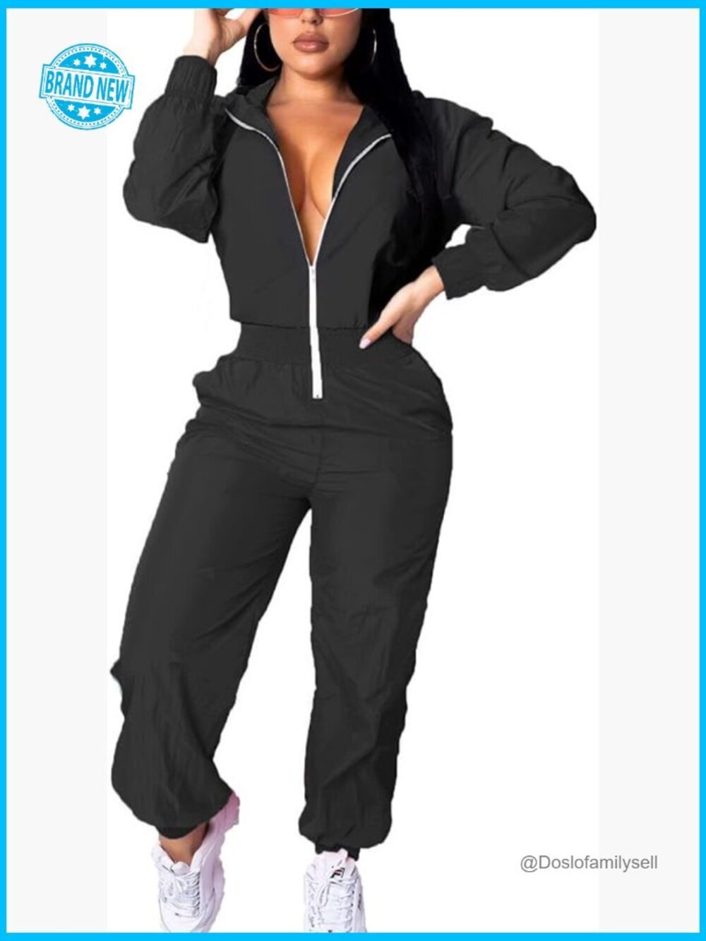 Vintage 80s Windbreaker Jumpsuit Hoodie Jacket Two Piece Set Elastic Waist
